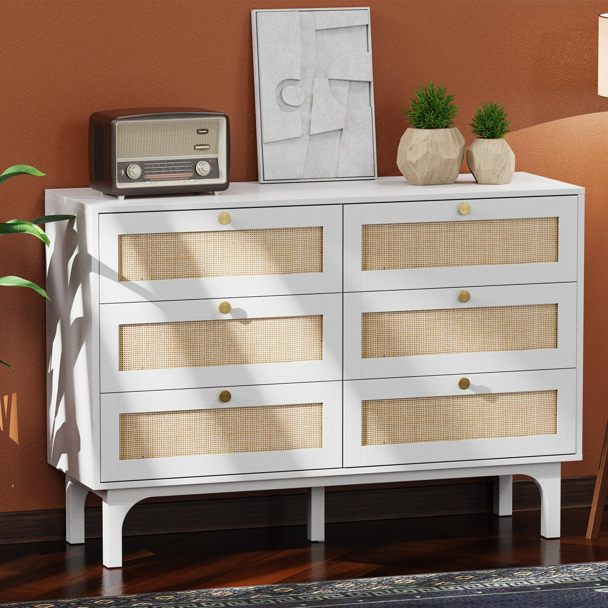 VINGLI 6 Drawer Dresser, White Dresser for Bedroom, Rattan Dresser, Boho Dresser, Wood Dresser Long Dresser TV Stand, Chest of Drawers, Baby/Kids/Nursery Dresser for Kids Bedroom, Living Room (White) VINGLI