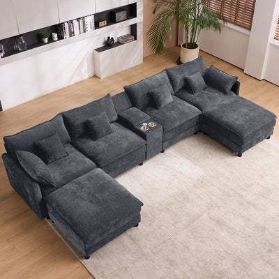 145" Oversized Modular Sectional Sofa U Shaped Cloud Couch 6 Seat Sofa Set for Living Room Comfy Fluffy Chenille Deep Seat with Movable Ottomans, Storage Console, Cup Holders, USB Ports, Dark Grey