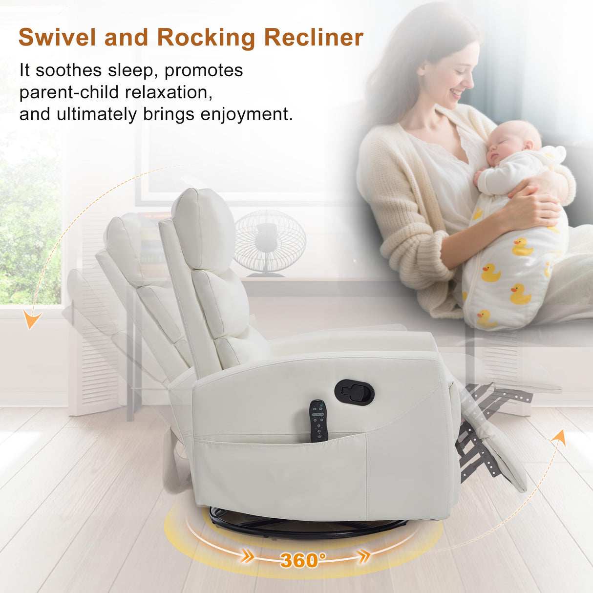 Manual Swivel Rocker Recliner Chair with Vibration Massage, Overstuffed Glider Chair with Lumbar Heat for Nursery, Living Room Reclining Sofa Chair, Faux Leather White Luxlen