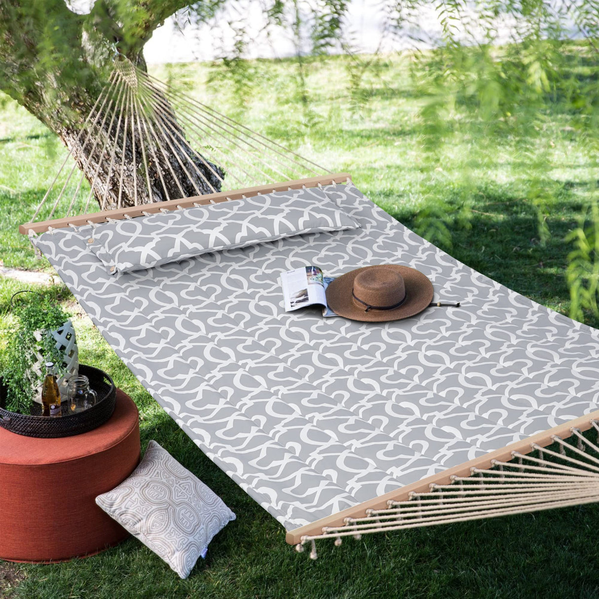SUNCREAT Double Quilted Hammock with Hardwood Spreader Bar, Extra Large Soft Pillow, Heavy Duty 2 Person Hammock for Indoor, Outdoor, Grey Pattern SUNCREAT