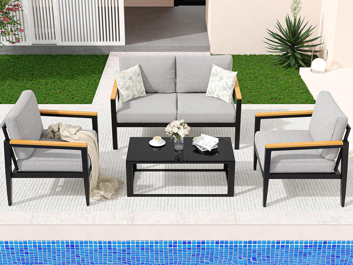 Outdoor Aluminum Furniture Set,4 Piece Patio Conversation Sets,Removable & Washable Cushion,Ink Color Tempered Glass Table Light Grey GAOMON