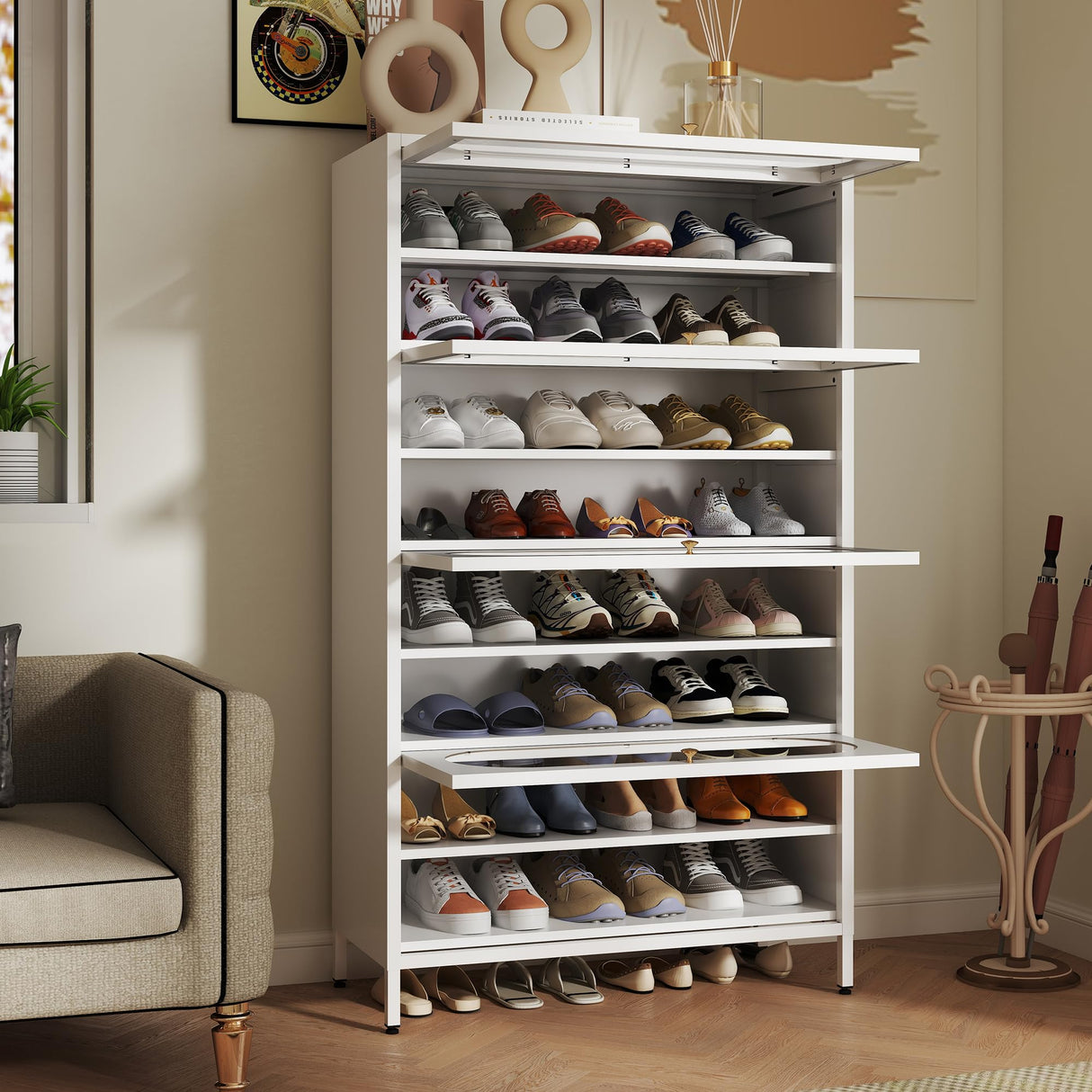 Foreate 8-Tier Tall Shoe Storage Cabinet with 4 Flip-Up Doors & Removable Shelves, 54” Metal Cabinet Shoe Rack Organizer for 24-32 Pair Shoes, Tall Freestanding Modern Entryway Shoe Cabinet-Glass Door Foreate