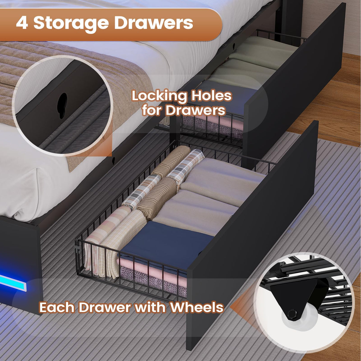 AOGLLATI Full Bed Frame with Stylish Bookcase Headboard & Charging Station & LED Lights,Full Size Bed Frame with 4 Storage Drawers, Led Bed Frame with Metal Slats, No Box Spring Needed,Black AOGLLATI