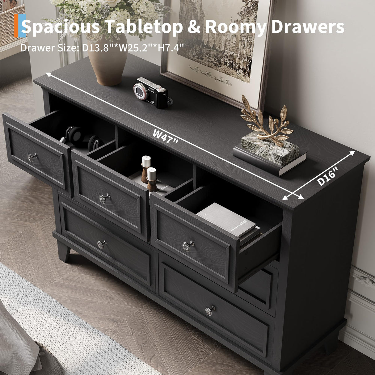 IDEALHOUSE 7 Drawer Dresser, Large Wooden Storage Chest of Drawers with Exquisite Metal Handles, 47" Wide Dresser TV Stand, Drawer Organizer for Bedroom, Living Room, Hallway, Entryway, Black IDEALHOUSE