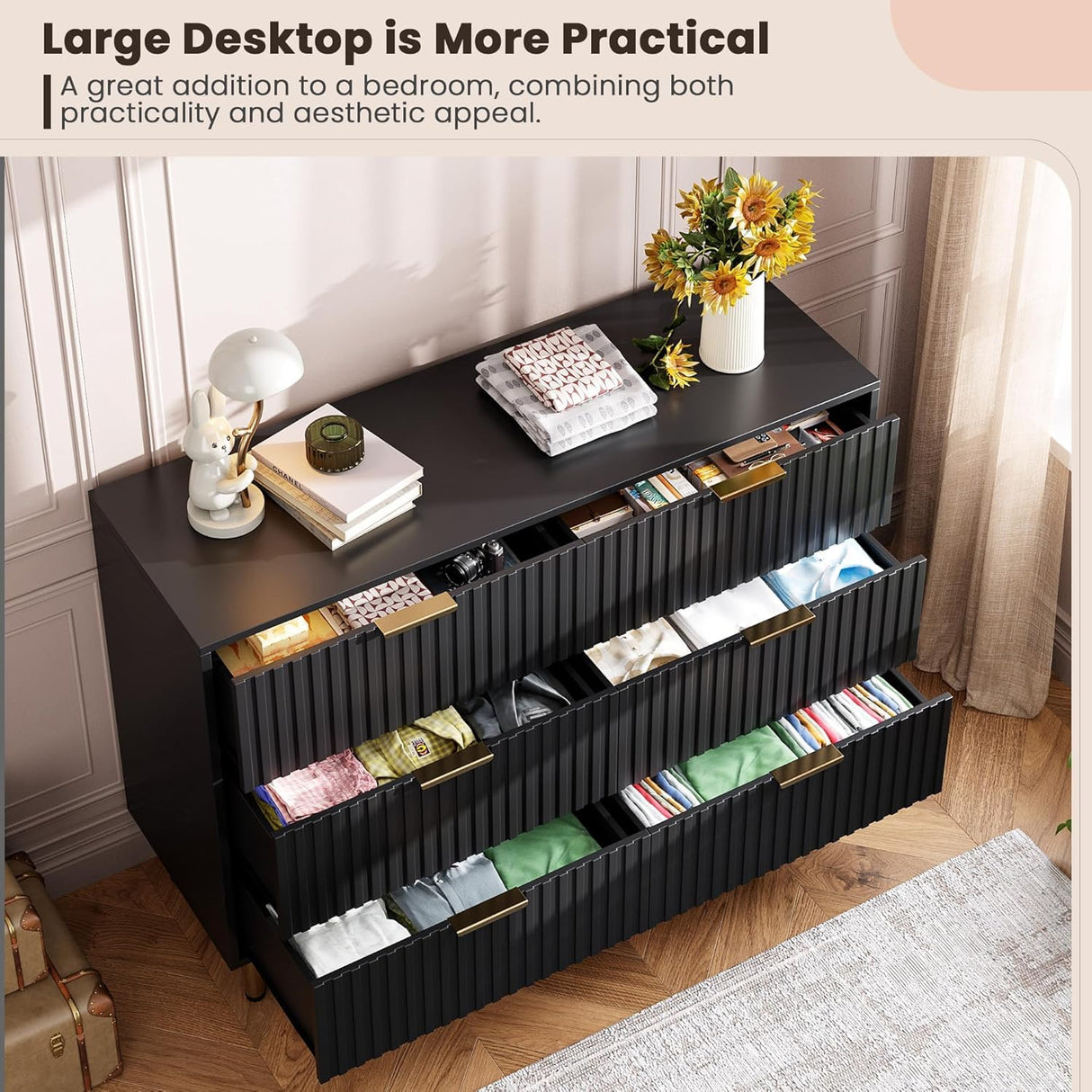 GarveeHome Fluted 6 Drawer Dresser for Bedroom, 47.2 in Wide Modern Chest of Drawers with Deep Drawers, Large Double Dresser TV Stand, Wooden Organizer for Living Room, Hallway, Kids Room, Black GarveeHome