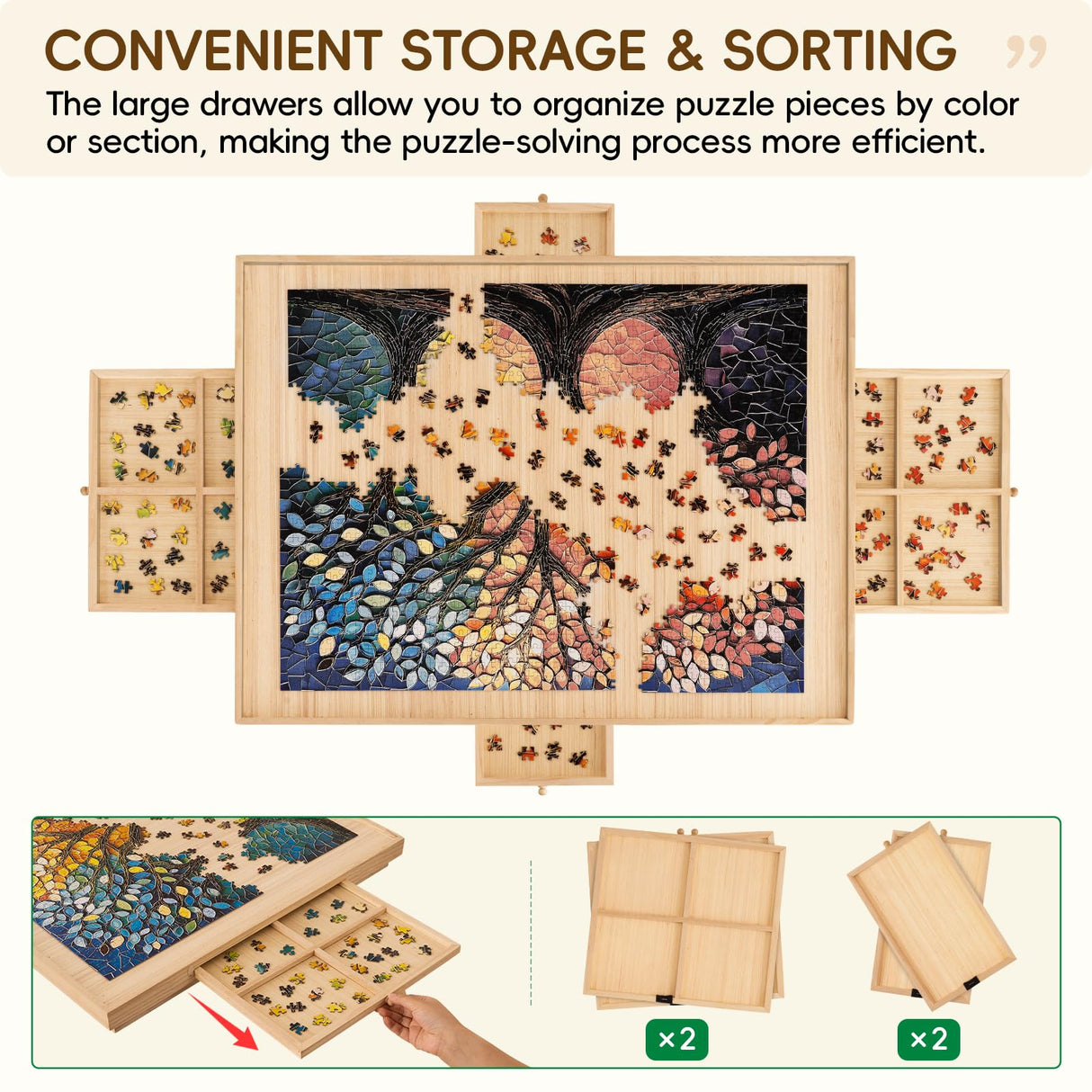 TEAKMAMA Puzzle Table 27.6" H Tall 1500 Pieces Puzzle Board with Drawers, 34.2" x 26.5" Wood Folding Jigsaw Table with Legs and Cover, Jigsaw Board for Adults, Nature TEAKMAMA