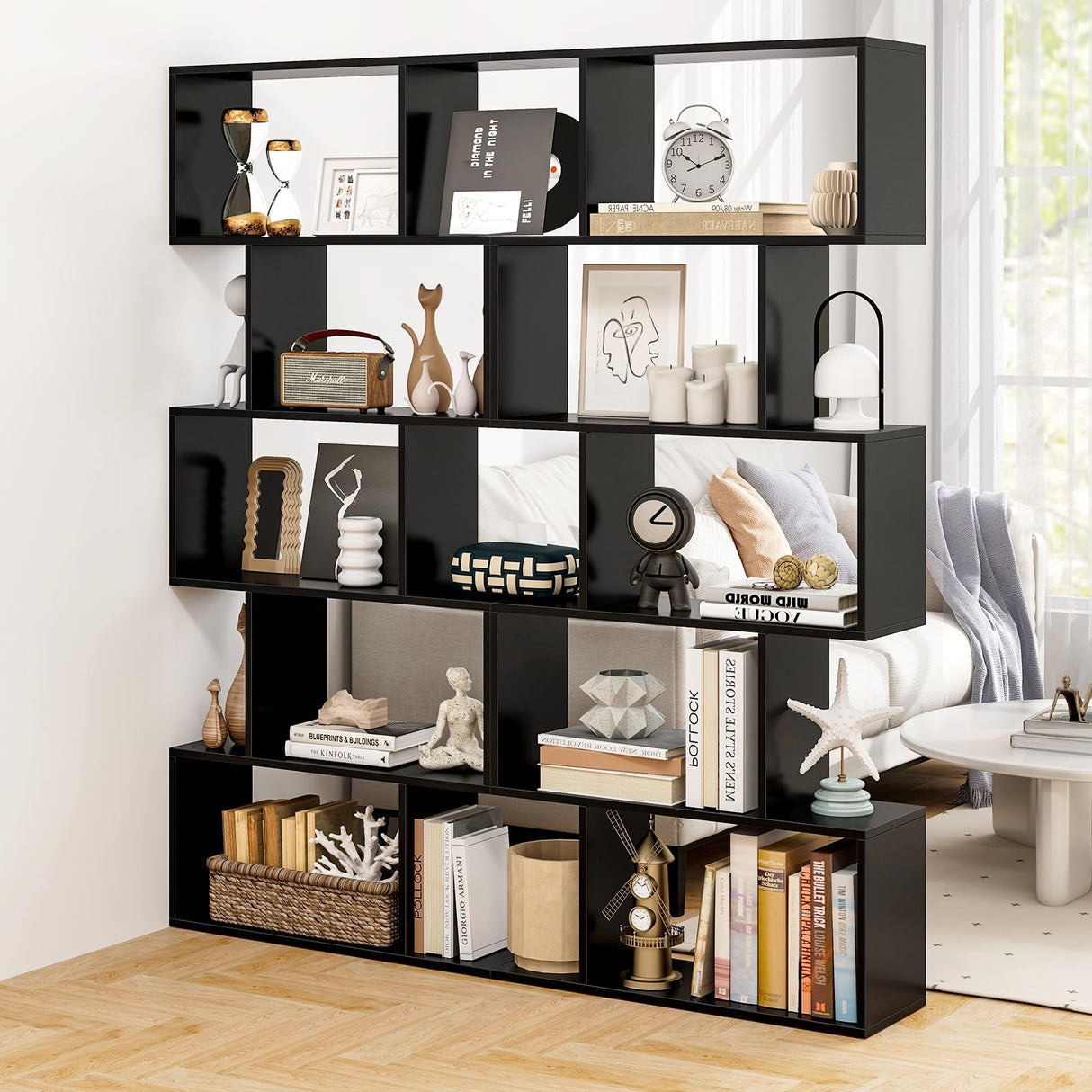 Giantex 5-Tier Geometric Bookshelf Set of 2 Black, 62.5" Tall Wood S-Shaped Bookcase with Anti-Tipping Device, Floor Standing Display Shelf for Bedroom, Living Room, Study Giantex