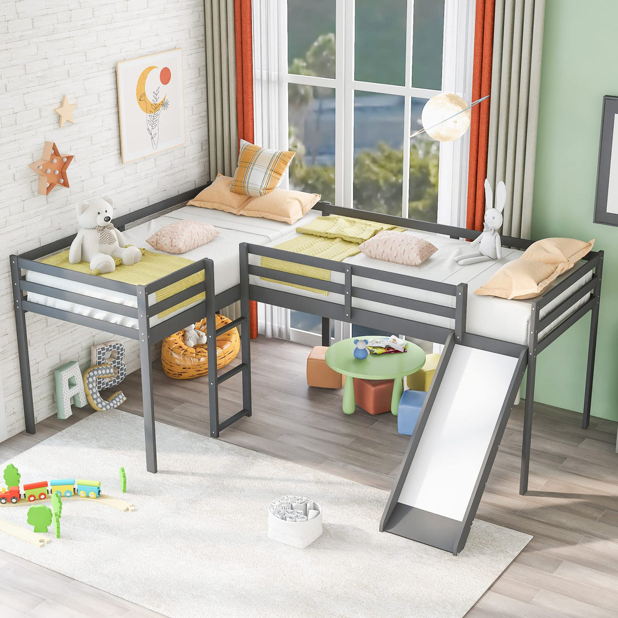 Harper & Bright Designs Twin Loft Bed for Kids, L-Shape Loft Beds with Slide, Low Loft Bed Frame Corner Bunk Bed for Kids, Wooden Loft Bed for Girls Boys Teens (New, Gray) Harper & Bright Designs