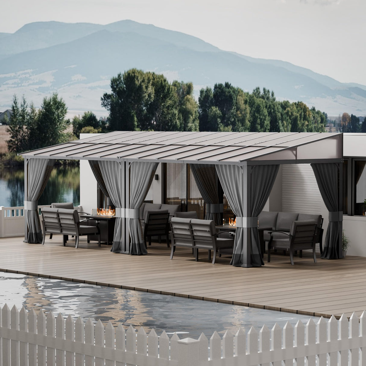 ASJMR Outdoor Lean to Gazebo 10x24FT, Hardtop Wall Mounted Gazebo with Sloping Sun Panel Roof, Awnings for Patio with Metal Frame, Double Curtains for Garden, Lawn, Backyard Deck ASJMR