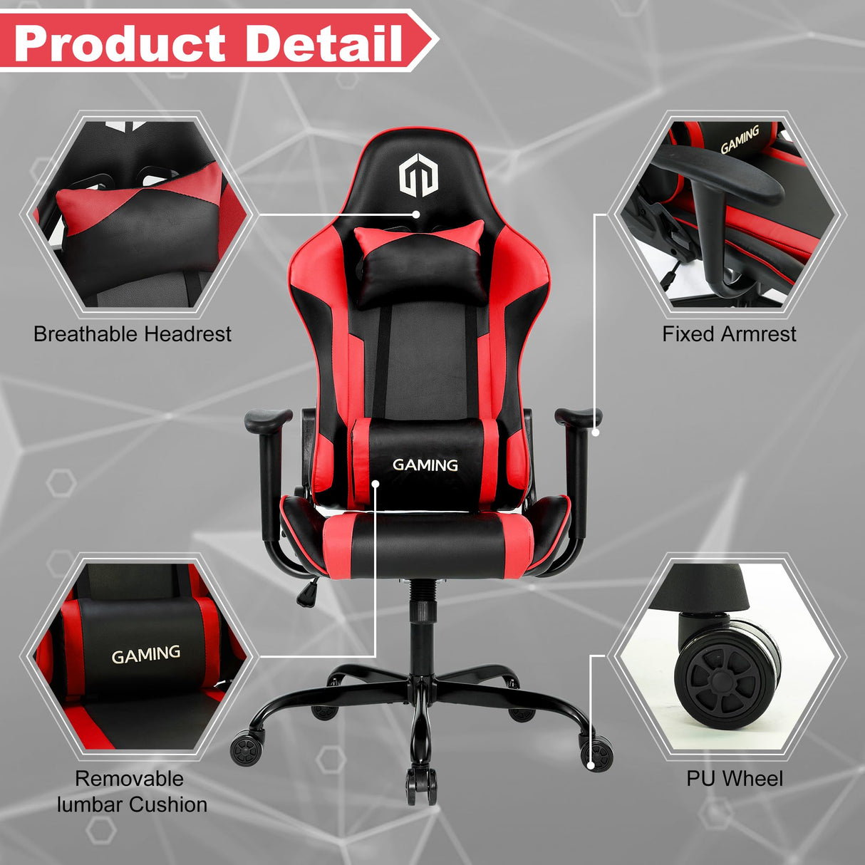 GOTMINSI Computer Gaming Chair with Headrest and Lumbar Cushion, Ergonomic Gaming Chair Office Chair 290lbs for Adults, Video Game Chairs Racing Chair High Back Leather Adjustable, (BK/Red) GOTMINSI