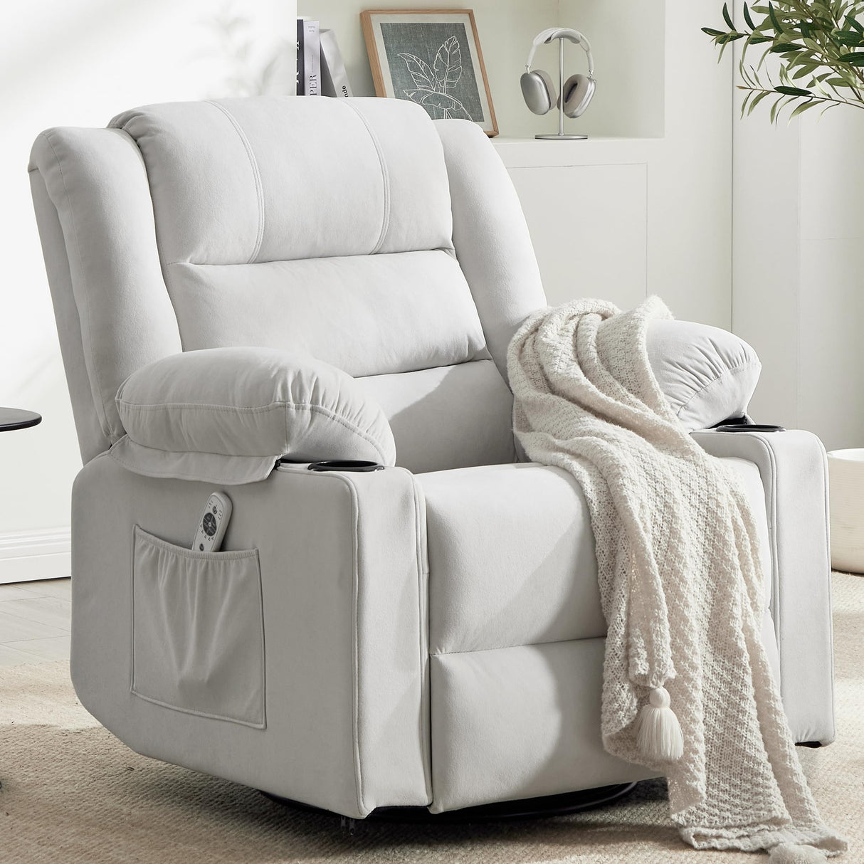 Sftaiyou 360°Swivel Rocker Recliner Chair for Adults,Manual Glider Recliner Sofa with Massage and Heating, Nursery Rocking Chairs with Cup Holds for Living Room Bedroom (Beige) Sftaiyou