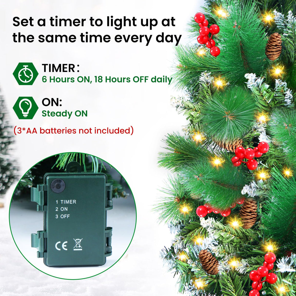 Christmas Garland with Lights, 50 LEDs 9FT Prelit Garland Battery Operated Outdoor Indoor Christmas Decorations Lighted Garland for Stairs Railing Fireplace Mantle Front Door Home Holiday Decor Xander