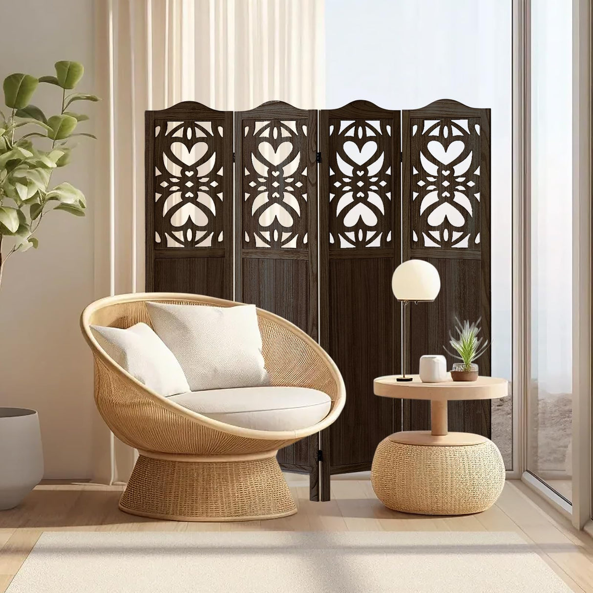 Leesinwing Room Divider, 4 Panel Wood Room Divider Wall, Carved Vault Room Dividers, Rustic Minimalism Room Partition, 5.6Ft Room Dividers and Folding Privacy Screens, Dark Brown Leesinwing