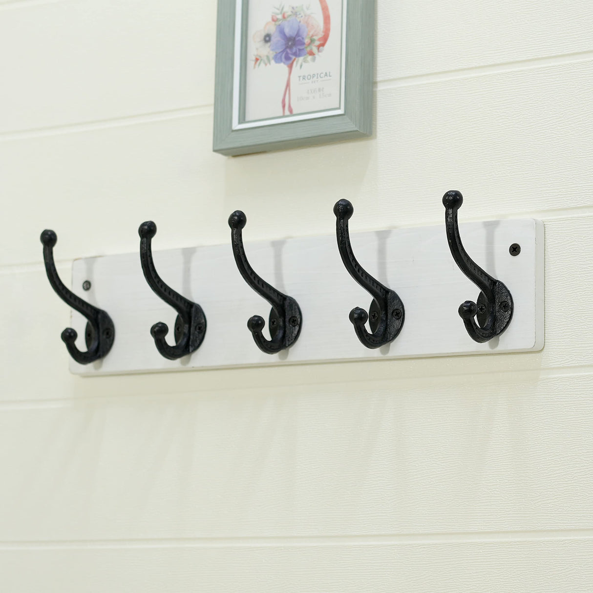 WEBI Rustic Coat Rack Wall Mount,5 Cast Iron Coat Hooks Wall Mounted,Heavy Duty Wall Coat Hanger,Vintage Hooks for Hanging Coats,Clothes,Black on White WEBI