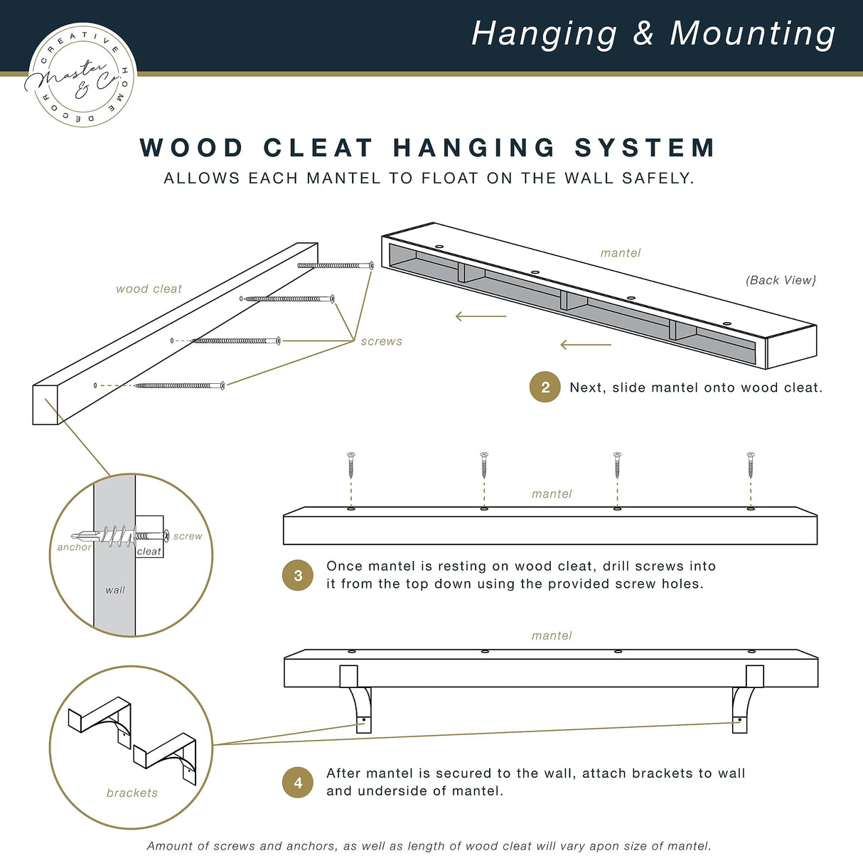 Master & Co. Modern Floating Fireplace Mantel with Black Metal Brackets, Long Floating Shelves for Wall Décor, 48 inches, Walnut Woodgrain MCS