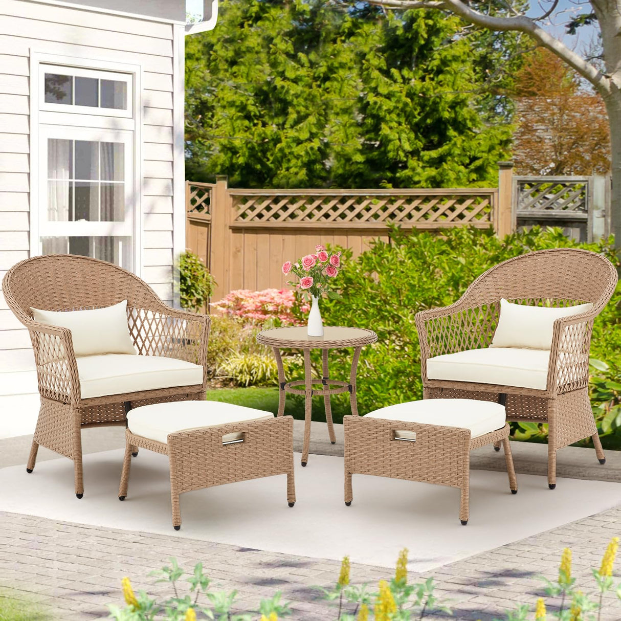 AVAWING 5 Pieces Patio Furniture Set, Outdoor Rattan Chairs with Round Glass Coffee Table, Ottomans & Soft Cushions, Wicker Conversation Bistro Set for Garden, Deck, Balcony, Poolside(Beige) AVAWING