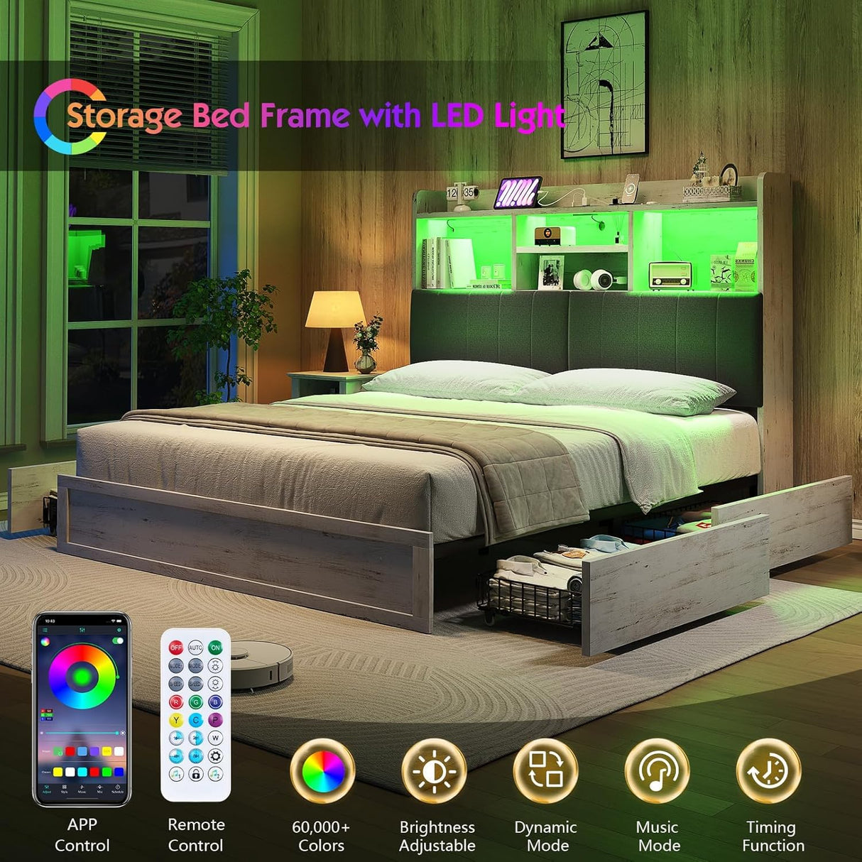 LUXOAK Full LED Bed Frame with Bookcase Headboard and 4 Drawers,Farmhouse Storage Bed with Charging Station & Linen Upholstered, No Box Spring Needed, Distressed White LUXOAK