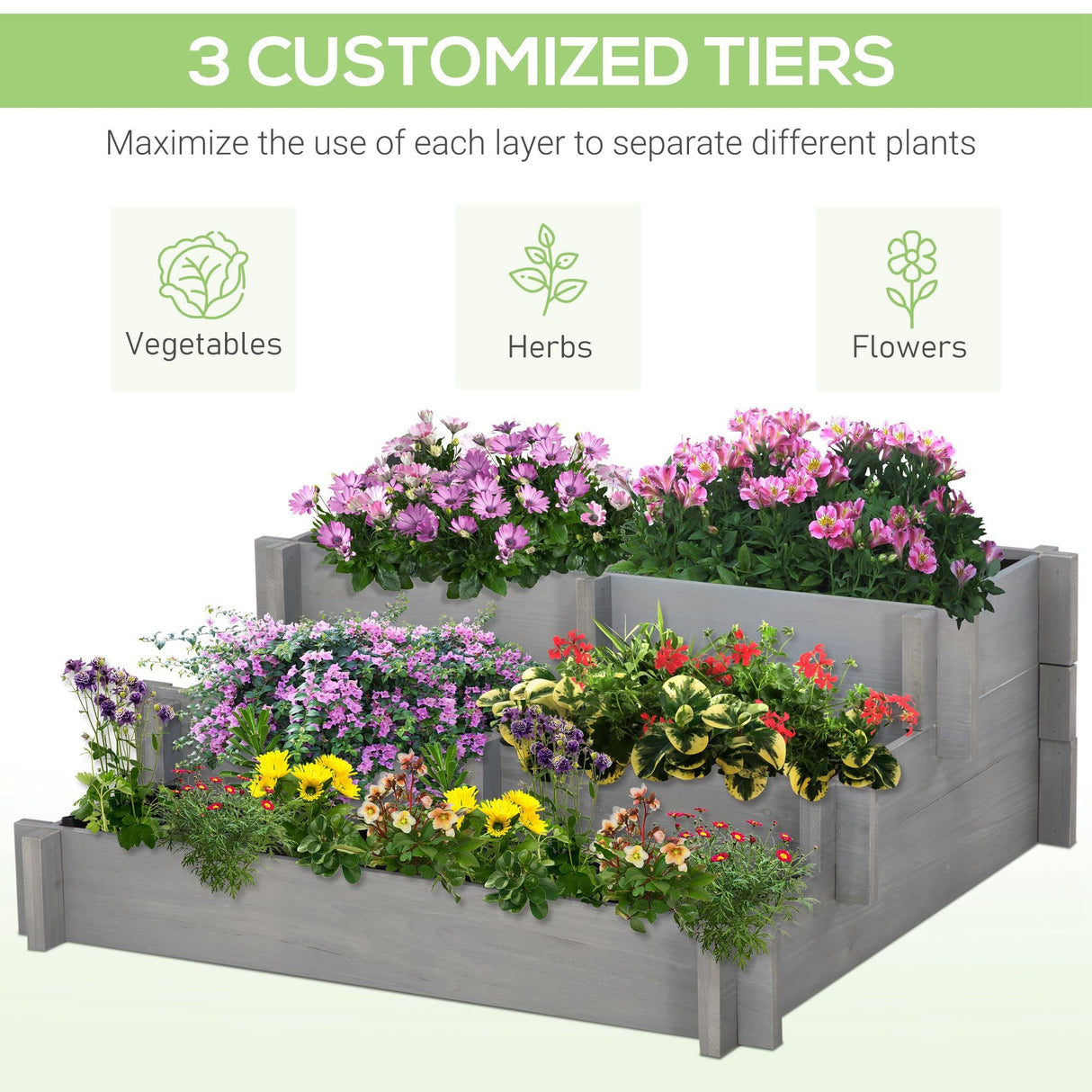 Outsunny 3-Tier Raised Garden Bed with 5 Compartments and Bed Liner, Elevated Wooded Wooden Planter Kit, for Vegetables, Herbs, Outdoor Plants, 37 x 37 x 14in, Gray Outsunny