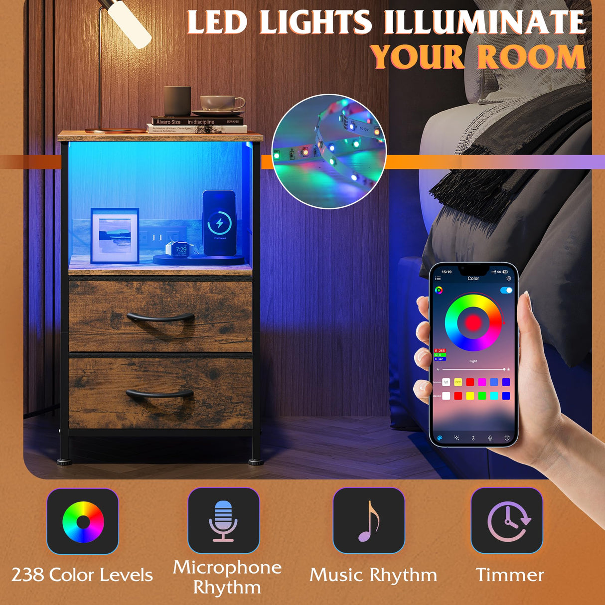 WLIVE Night Stand Set of 2 with Charging Station, LED Nightstand Sets with 2 Fabric Drawers and Storage Shelf, Small Bedside Tables for Small Spaces, Dresser for Bedroom, Rustic Brown WLIVE