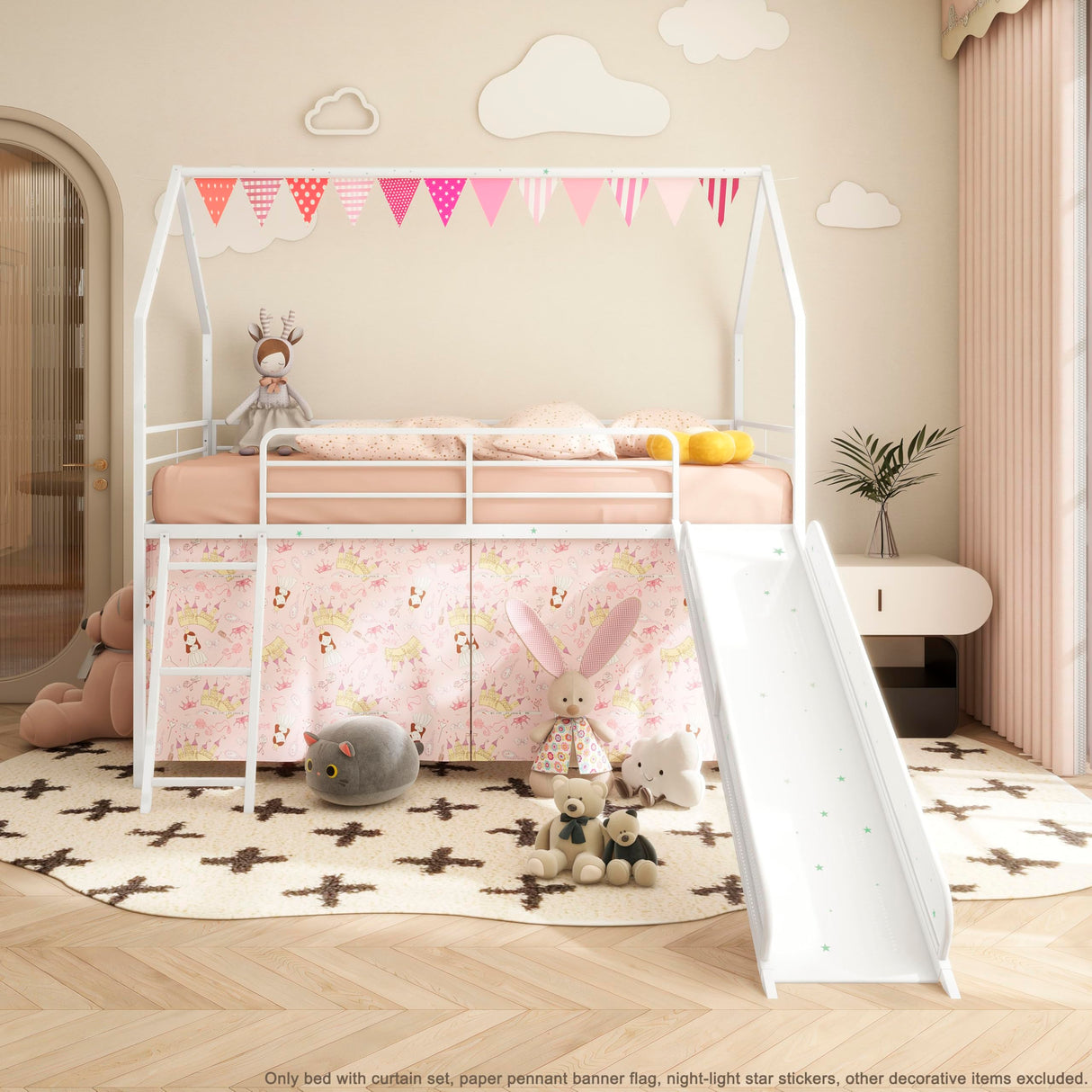 KEIKI Twin Loft Bed with Slide, House Style Bed Twin Size with Curtain, Guardrails, Pennant Banner Flag, Star Stickers, Storage Space, Metal Bed Frame for Teens Kids, White with Pink KEIKI