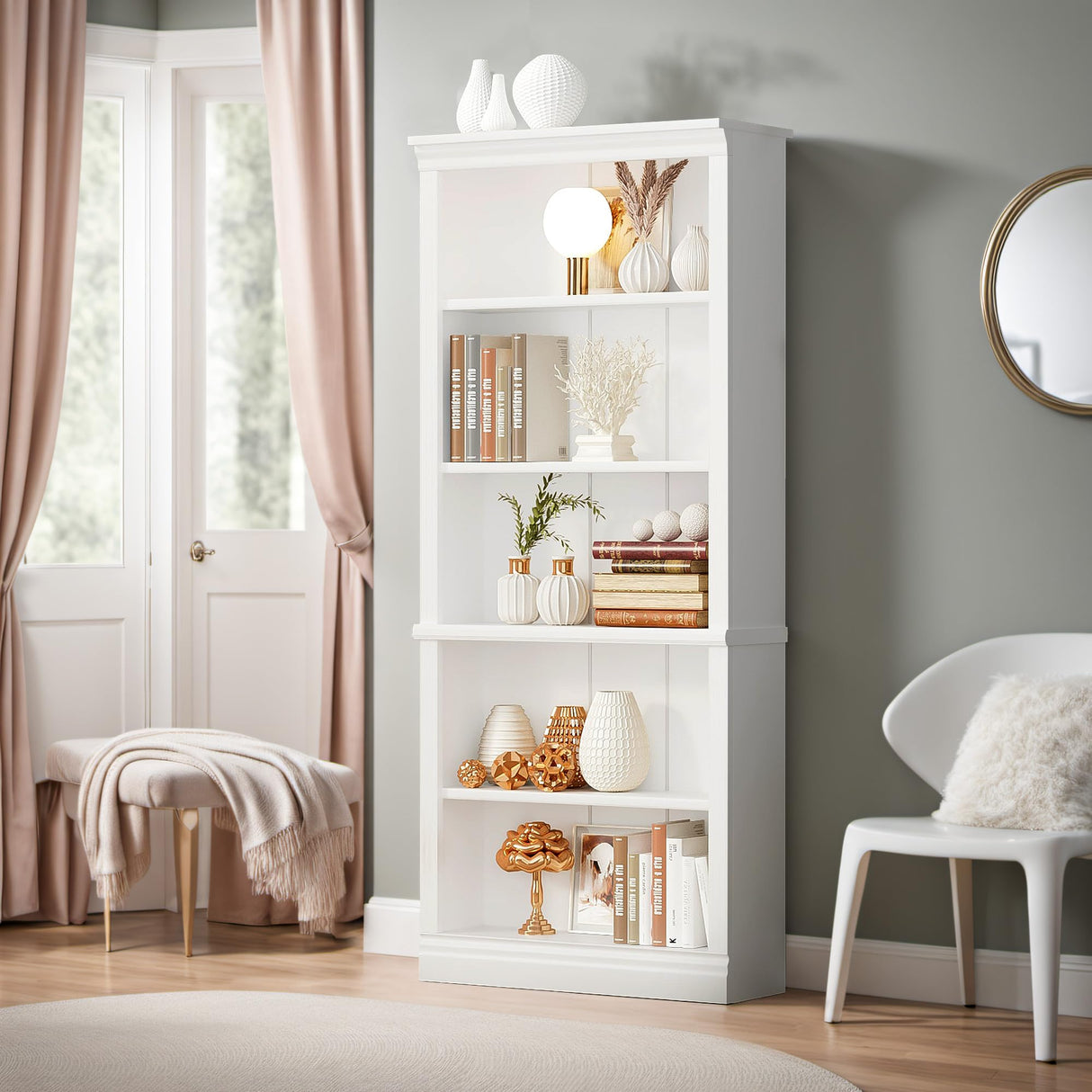 Furniwell 72" White 5-Shelf Tall Bookcase with Modern Design and Large Storage Capacity Furniwell