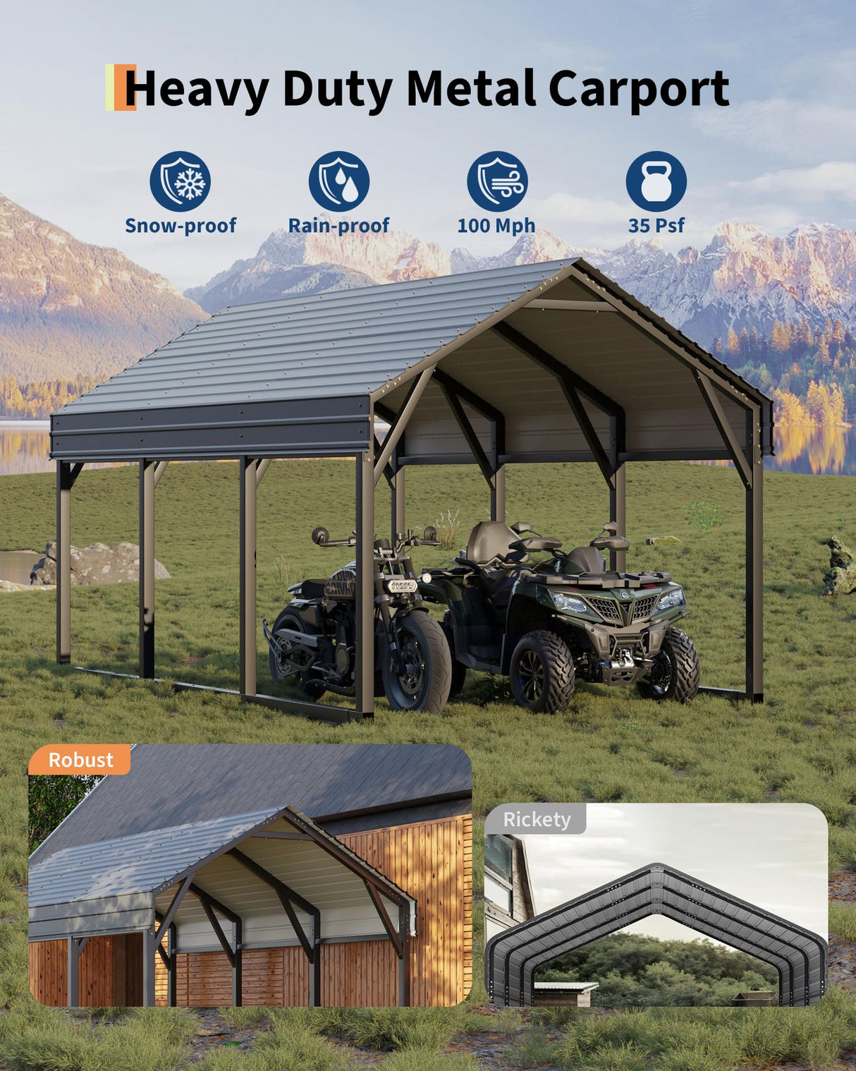 12 x 13 FT Metal Carport, Heavy Duty Carports Reinforced Frame and Steel Roof, All-Weather Shelter Canopy for Pickups, Boats, Cars, and Tractors KYBOLT