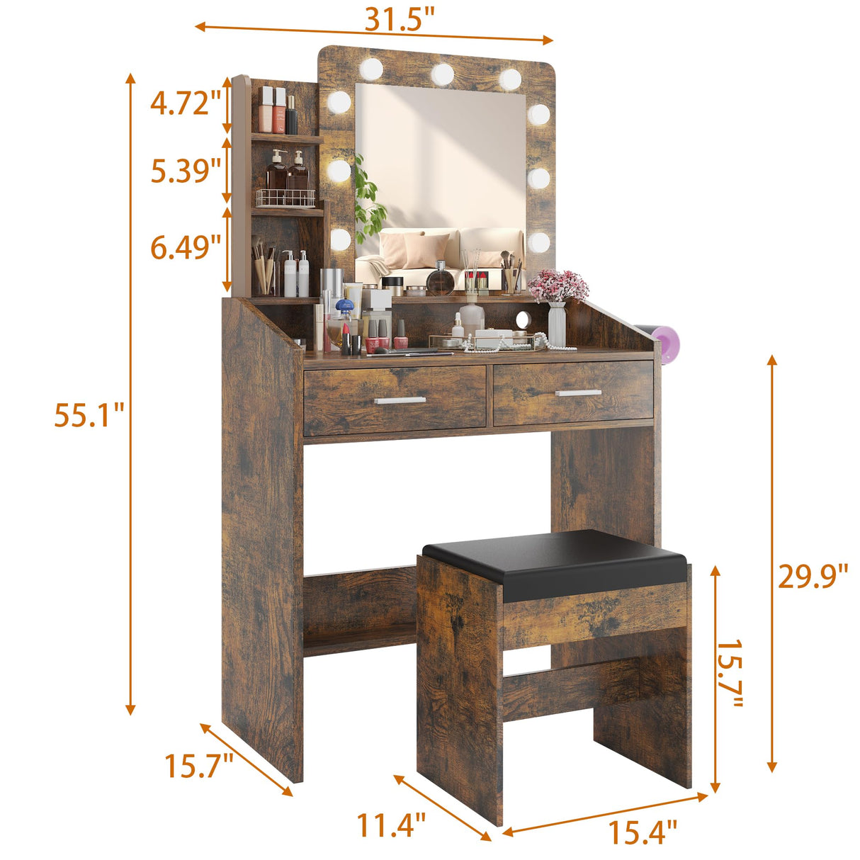 Garveehome Vanity Desk with Mirror and Lights, Makeup Vanity with Power Outlet & Cushioned Stool, 3 Lighting Modes Adjustable Brightness, Dressing Table with Hairdryer Holder for Bedroom, Rustic Brown GarveeHome