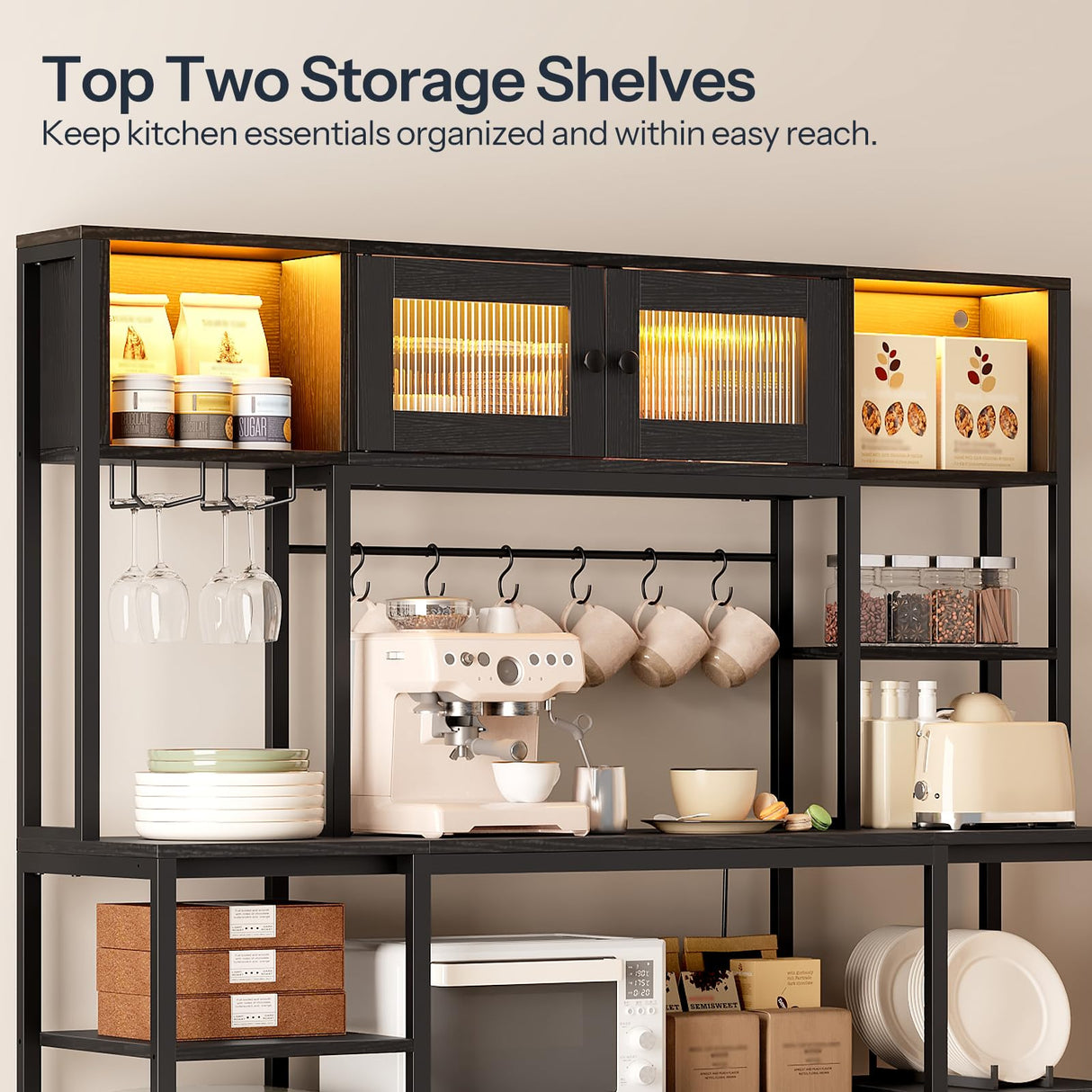 HOOBRO Bakers Rack with Power Outlet and LED Light, 59.1'' Industrial Microwave Stand, Coffee Bar Cabinet with Storage, Goblet Holder & 6-S Hooks, Kitchen Storage Shelf with Cabinet, Black BB17UDHB01 HOOBRO