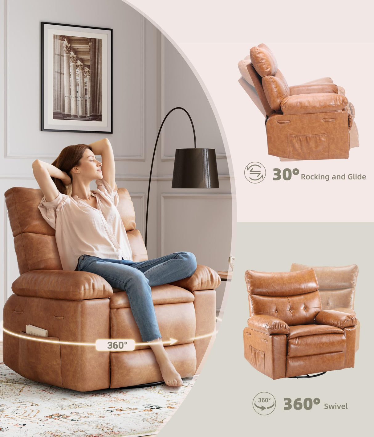 GarveeHome Oversized Wide Rocker Swivel Recliner Chair - Faux PU Leather Large Manual Recliner for Adults, Lazy Chair with 1.5X Sponge Comfort Arm and Back for Living Room, Bedroom GarveeHome