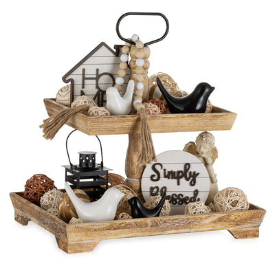 Hanobe Tiered Tray for Table Decor: 2 Tier Serving Stand Farmhouse Decorative Tray for Coffee Bar Centerpiece Rectangle Wood Display Stands Kitchen Counter