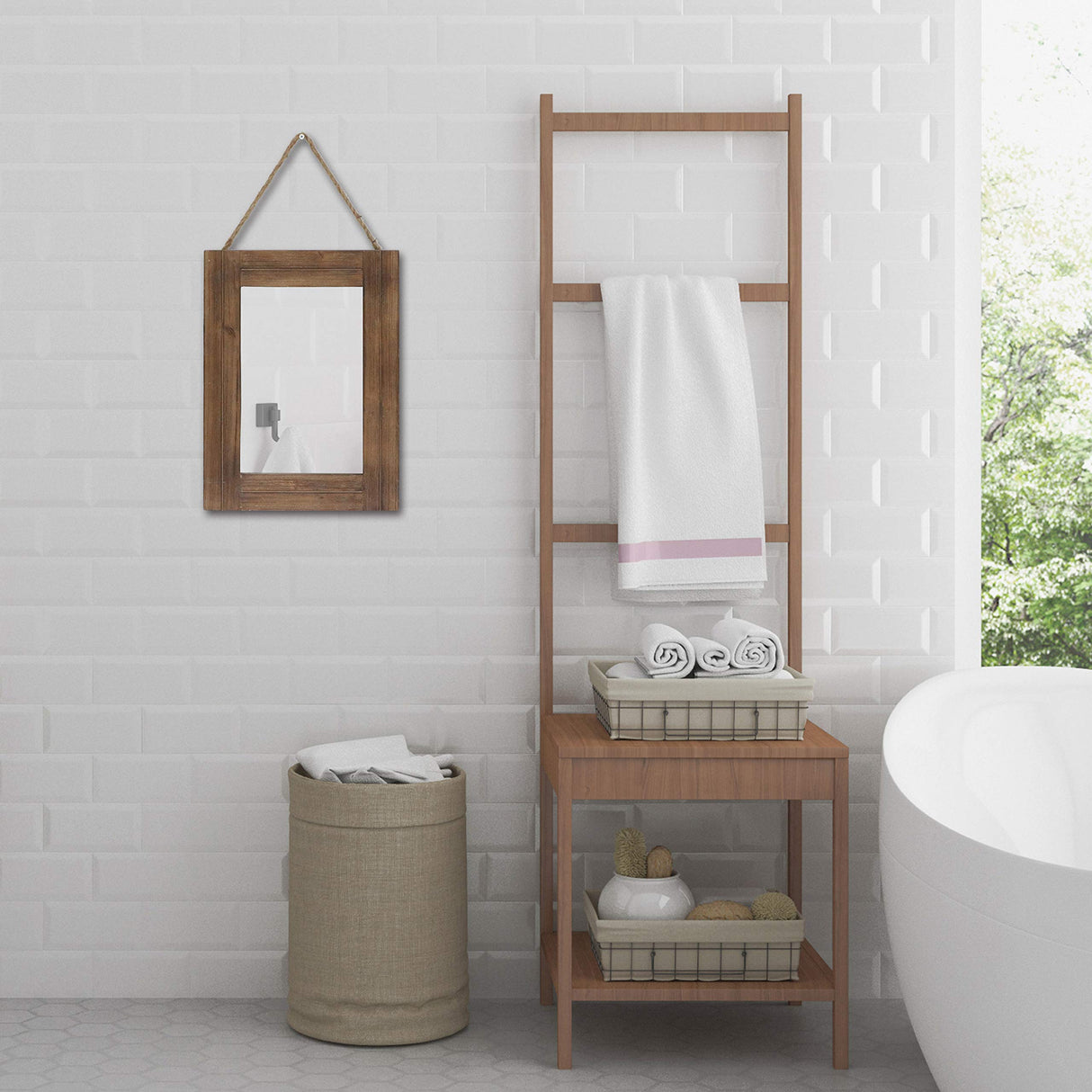 Emaison 16 X 12 Inch Rustic Wood Framed Wall Mirror with Hanging Rope for Farmhouse Decor, for Entryway, Bedroom, Bathroom, Dresser, Brown EMAISON