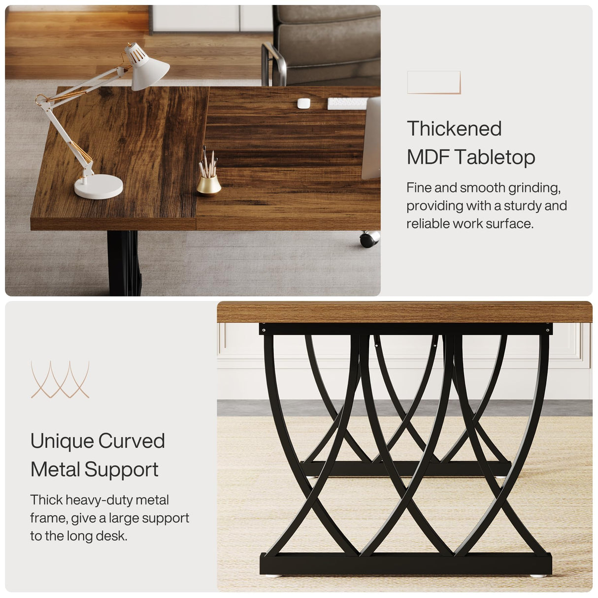 Tribesigns 6 ft Conference Table for 6-8 People, 70.86-Inch Rectangle Conference Table Meeting Seminar Table with Unique Curved Metal Support for Home Office (Without Chair, Retro Brown & Black) Tribesigns