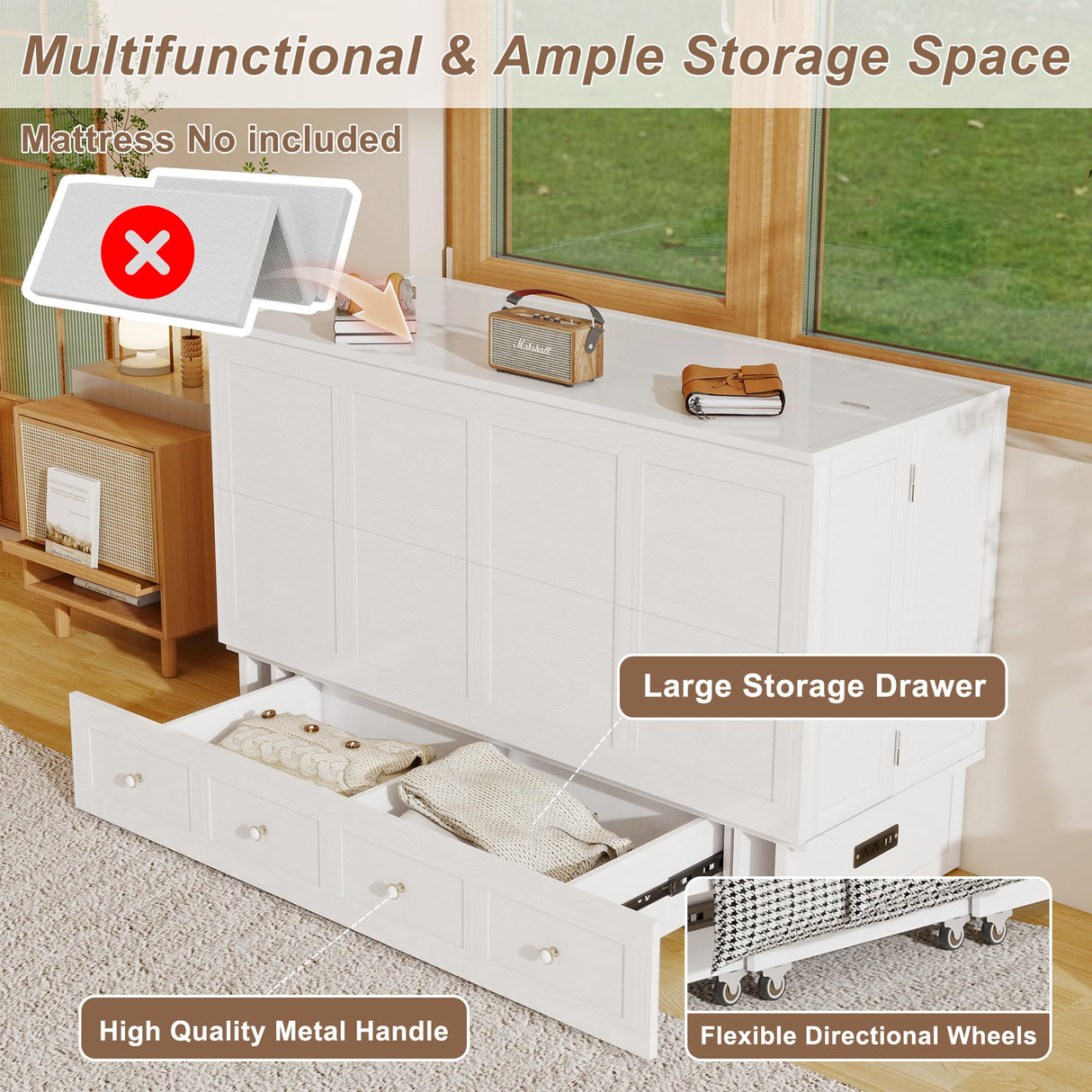 Keloyid Solid Wood Murphy Bed Cabinet:Queen Size Murphy Bed with USB Charging Station and Large Storage Drawer for Home,Optimize Sleeping Space(Mattress Not Included) Ivory White-11 Keloyid