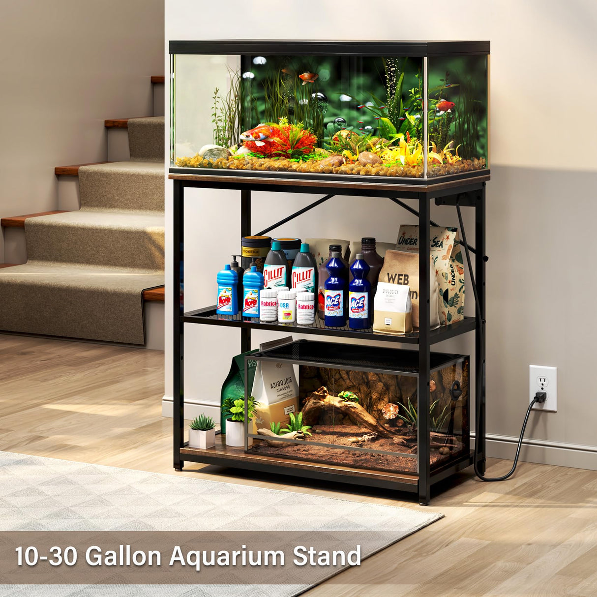 TC-HOMENY Fish Tank Stand 10-30 Gallon, Aquarium Stand with Charging Station,1000LB Capacity ,31" L x 16" W Metal Reptile Tank Stand, Double Storage Design Adjustable Boards, Brown(Tank not Included) TC-HOMENY