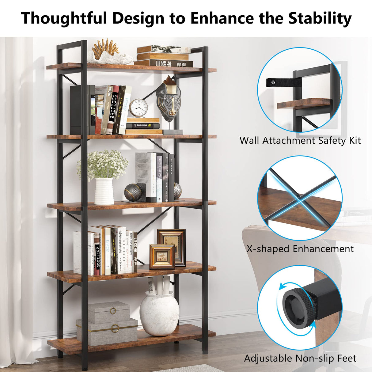 Tribesigns Industrial Rustic 5-Tier Bookshelf with Metal Frame for Living Room and Home Office Tribesigns