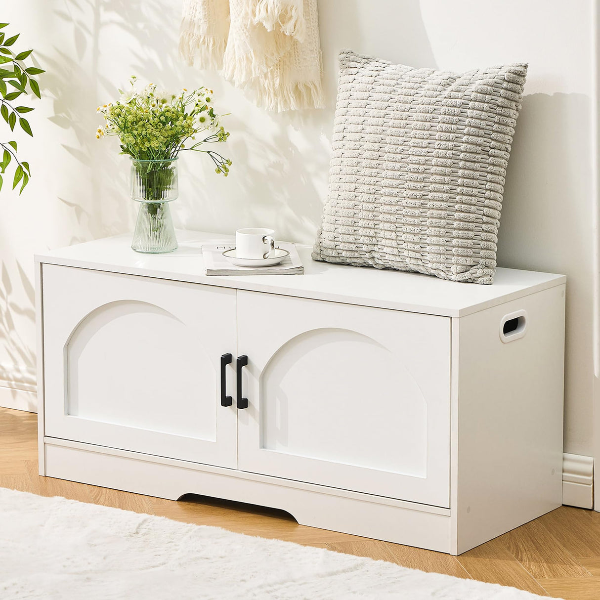 Shoe Bench, Entryway Storage Bench with 2 Doors, Shoe Rack Adjustable Shelves, Shoe Cabinet with Storage, 31.5" W x 13.8" D x 18.1" H for Entryway, Living Room, Hallway, Mudroom, Bedroom, White oakvivo