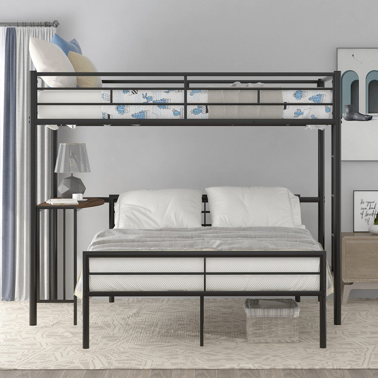Heavy Duty Bunk Beds Twin Over Full Size, Twin Over Full Bunk Bed with Desk and Side Ladder, L Shaped Bunk Bed Can Be Divided Into One Full Size Bed Frame and One Twin Loft Bed with Desk, Black Bellemave