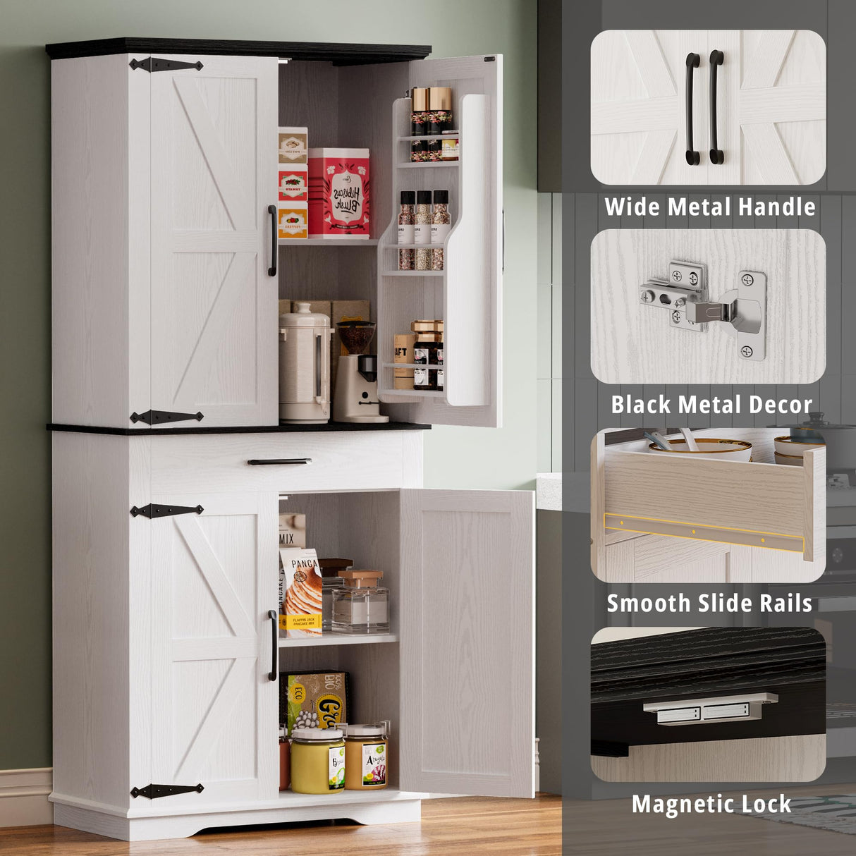 IRONCK Farmhouse Kitchen Pantry Cabinet, Tall Storage Cabinet with 6 Hanging Shelves and Adjustable Shelves, Freestanding Cupboard with Barn Doors for Kitchen, Dining Room,White/Black IRONCK