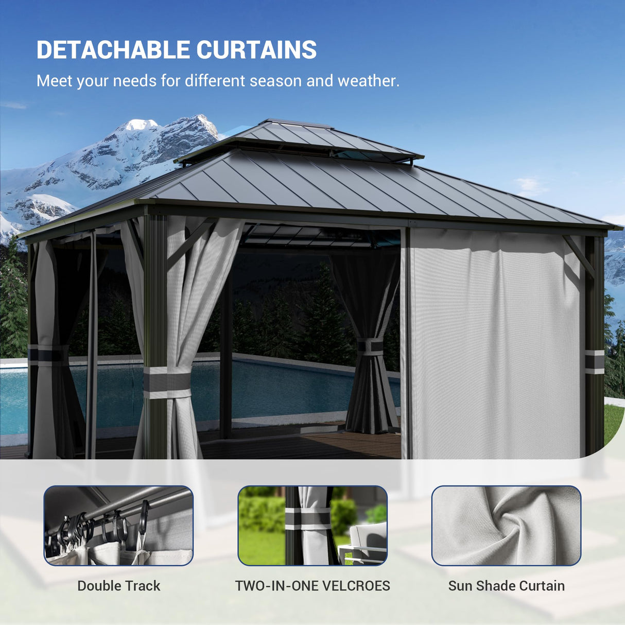 Amopatio 12' X 14' Hardtop Gazebo Permanent Aluminum Gazebos with Galvanized Steel Double Roof for Patio Lawn and Garden,Included Curtains & Mosquito Netting,Grey Amopatio