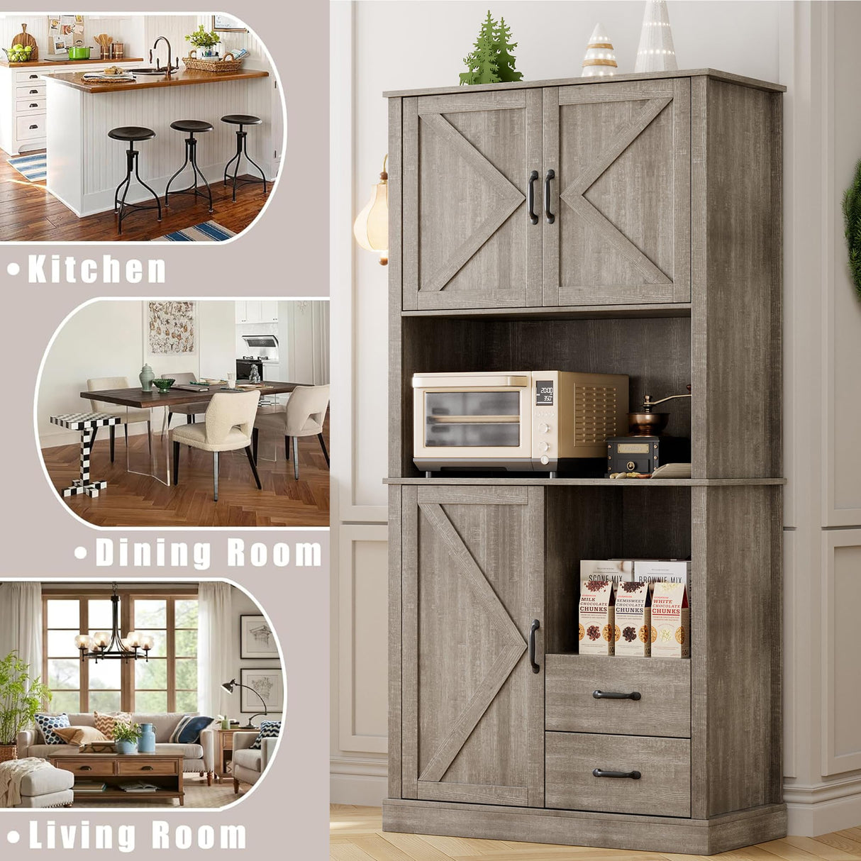 GarveeHome Modern Kitchen Pantry Cabinet with Microwave Stand, Tall Hutch Bar Cabinet with Drawers & Adjustable Shelves, Large Wood Storage for Dining Room, Living Room, Rustic Grey GarveeHome