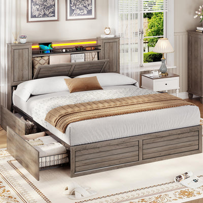 VIAGDO Farmhouse Full Size Bed Frame with Headboard and Double Barn Door Storage Cabinets, Rustic Wooden Bed Frame Full with Charging Station, 4 Drawers and LED Lights, No Box Spring Needed, Grey