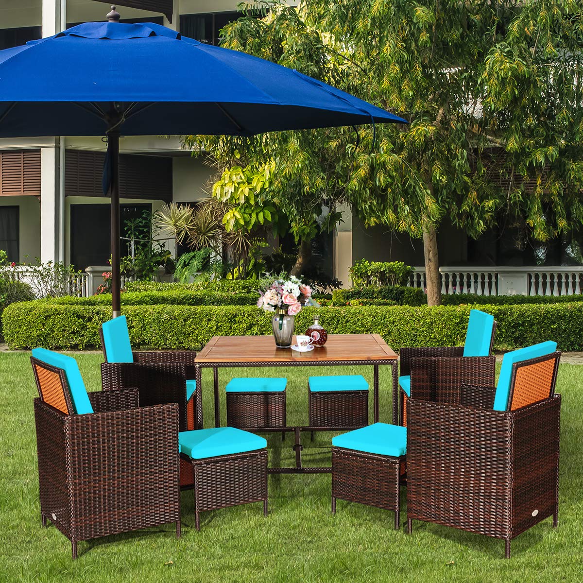 COSTWAY 9PCS Patio Rattan Dining Set Cushioned Chairs Ottoman Wood Table Top Turquoise COSTWAY