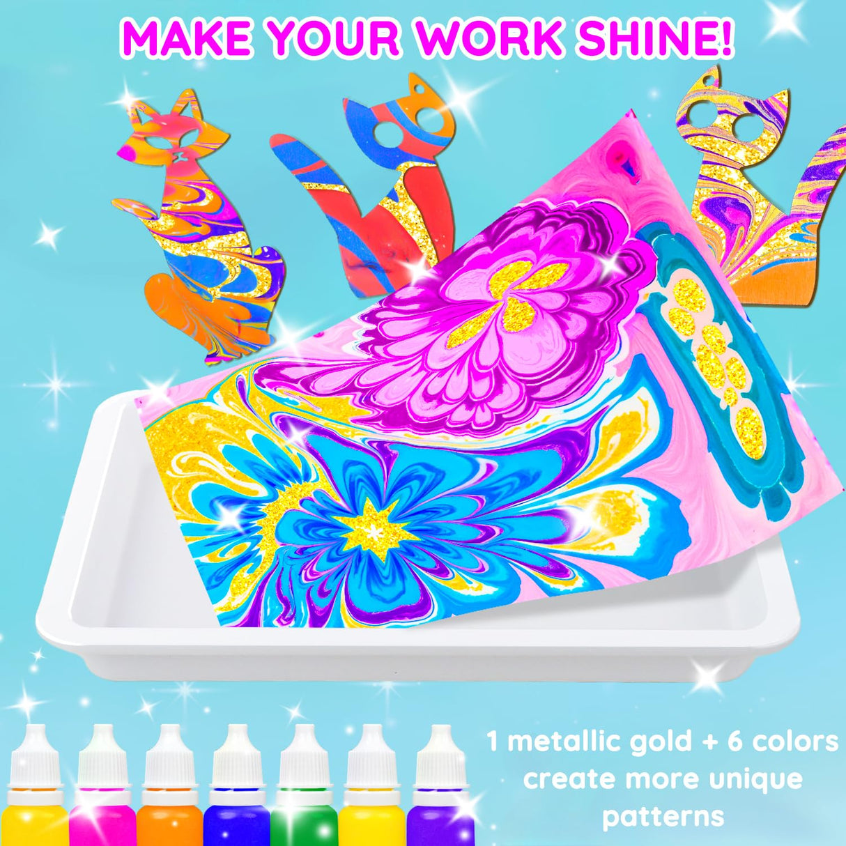 MOMUSE Marbling Paint Art Kit for Kids with Dual Trays, Passed Toxicology, Metallic Gold Water Marble Painting Kit, Creative Art Craft Kits Ideal Toys Gifts for Girls & Boys Ages 6+ MOMUSE