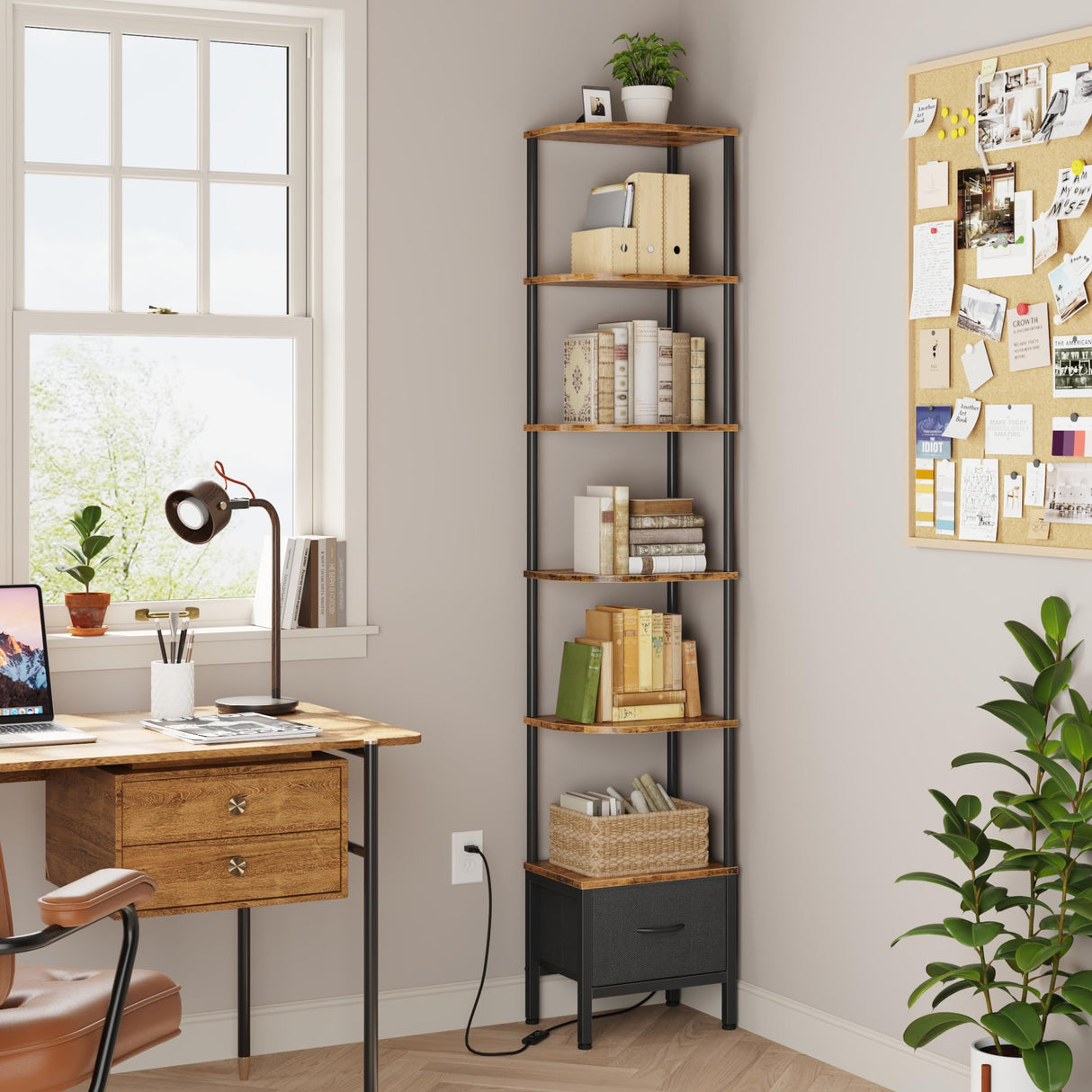 AFLUI 6-Tier Corner Bookshelf with Fabric Drawer and LED Light, 75" Bookcase for Small Space, Narrow Book Shelf for Corner, Display Shelf, Rustic Brown AFLUI