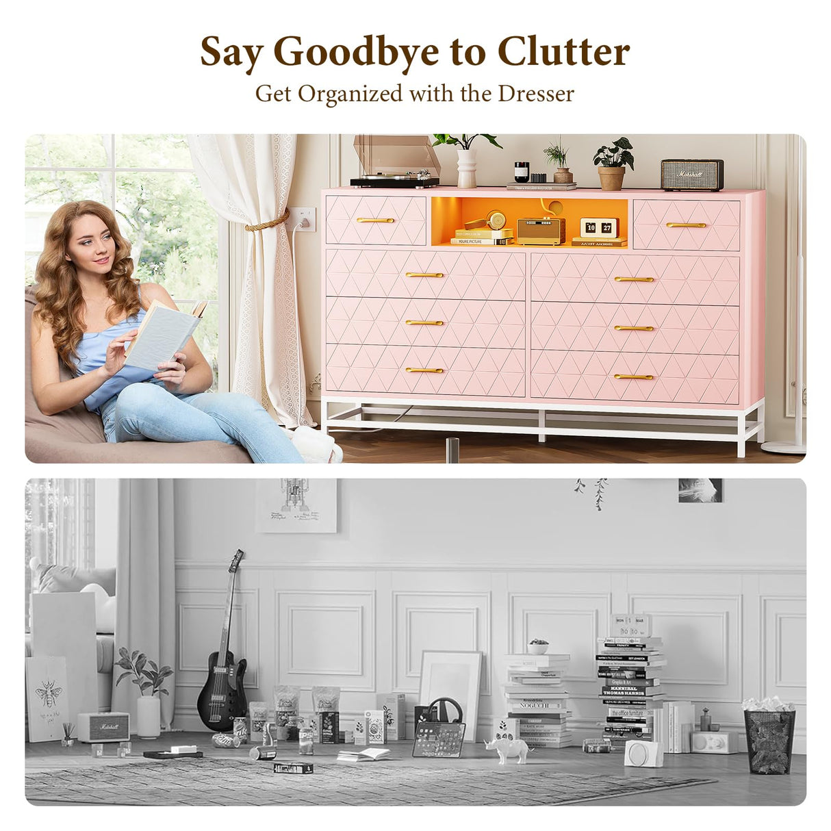 GAOMON Bedroom Dresser with 8 Large Storage Drawers, Wood Pink Dresser with LED Lights & Charging Station, TV Stand Dresser & Chests of Drawers for Closet, Hallway, Entryway GAOMON