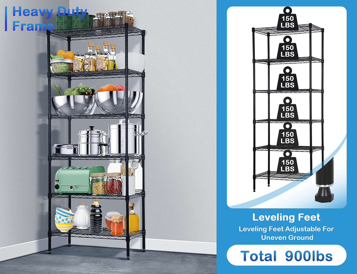 6-Tier Metal Wire Shelving Unit Snack Shelf Height Adjustable Storage Rack NSF Certified Storage Shelves 900 Lbs Capacity Standing Utility Shelf for Laundry Kitchen Pantry Garage Organization Capacmkseh