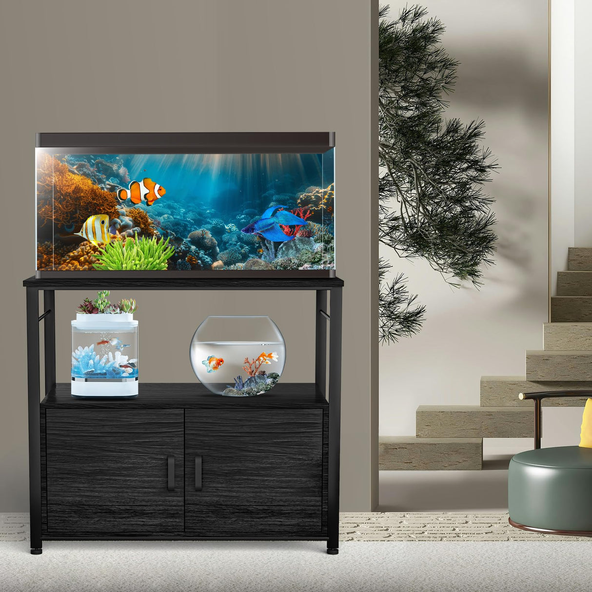 40-50 Gallon Aquarium Stand, Heavy Duty 760lbs Capacity, Metal Fish Tank Stand with Storage, Adjustable Feet, Double Storage Shelves, 31.5"x17.72"x27.56" Black Samesay