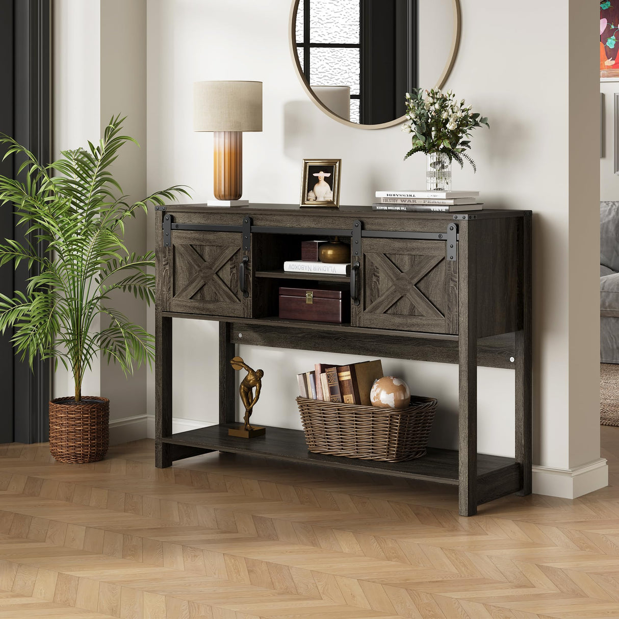 Farmhouse Console Table with Storage Shelf & Sliding Barn Door, Wood Entryway Table with Storage, 46" Narrow Long Sofa Table, Behind Couch Table, Console Tables for Living Room, Entryway, Foyer May in Color