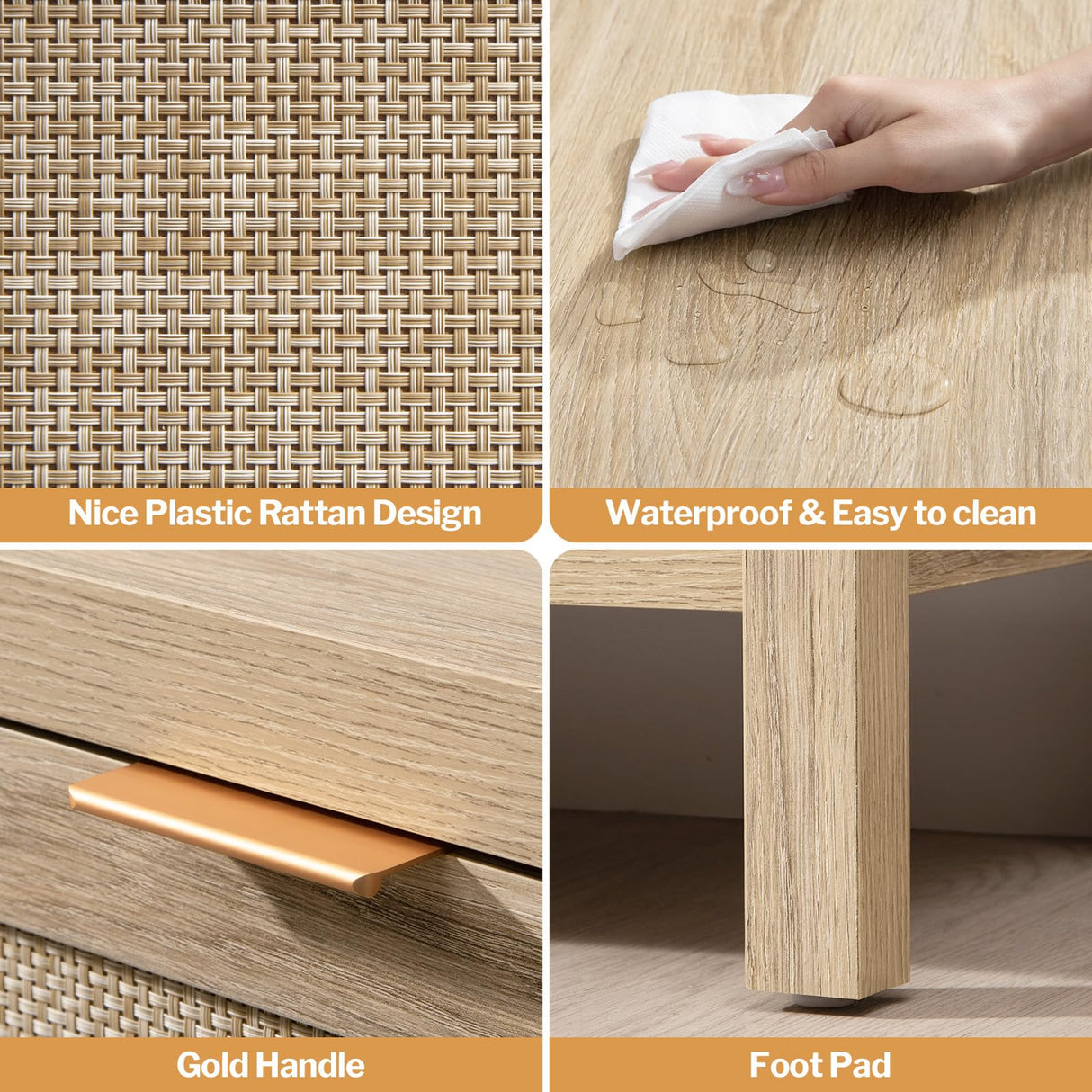 SICOTAS Boho Rattan Console Table with Storage – Light Oak Entryway Table with Drawers and 2-Tier Shelf SICOTAS