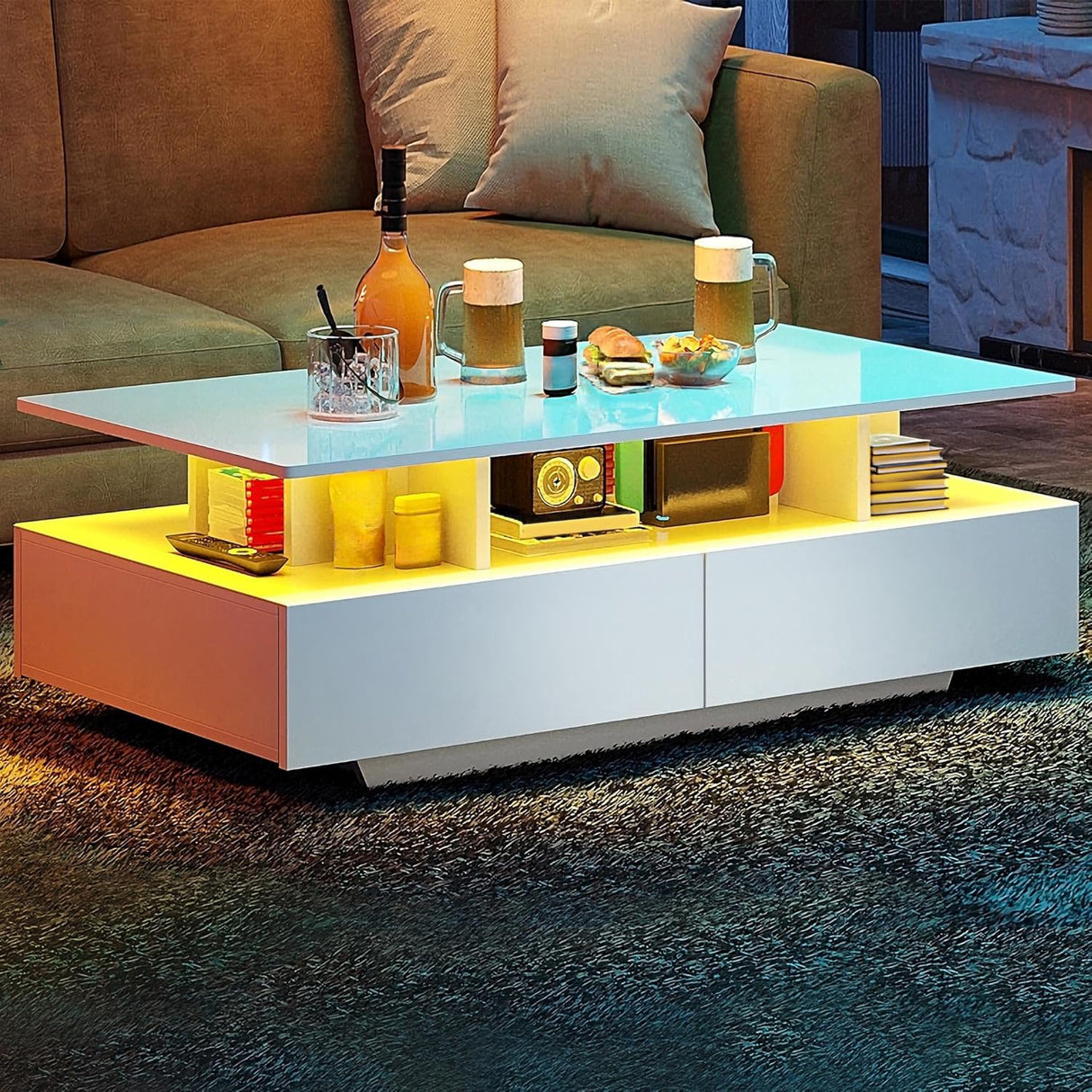 YITAHOME LED Coffee Tables for Living Room, High Glossy Coffee Table with Storage 4 Sliding Drawers, Small Rectangular LED Coffee Table Center Table with Open Display Shelf, Glossy White YITAHOME